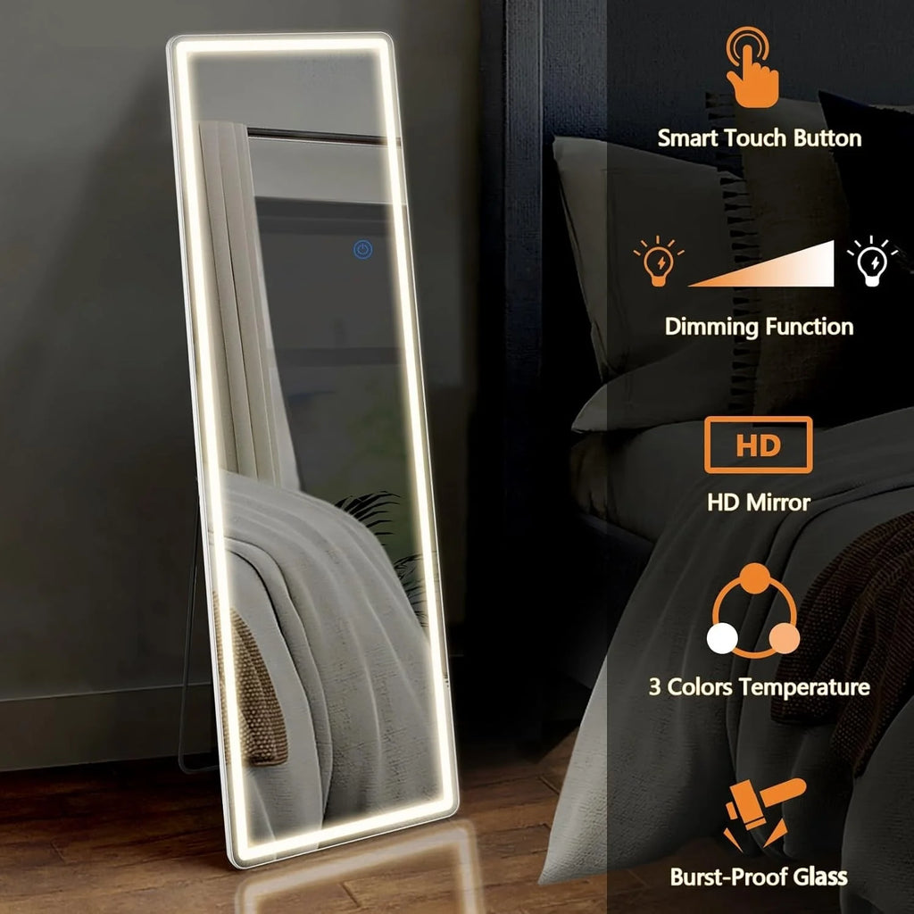 Floor Mirror with LED Light, 64 x 21 Full Length Mirror with Stand, Hanging Mirror Wall Mounted Mirror Full Body Mirror