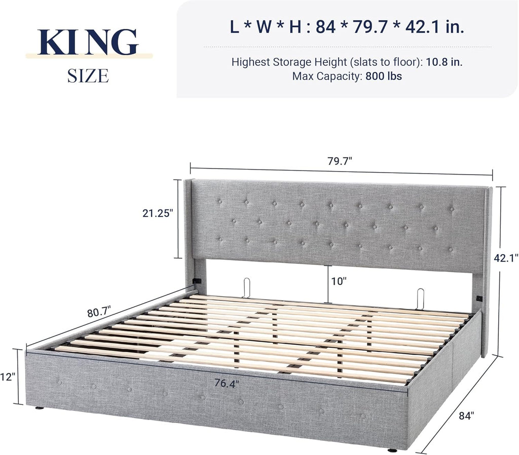 ALLEWIE Queen Size Lift Up Storage Bed with Wingback Headboard