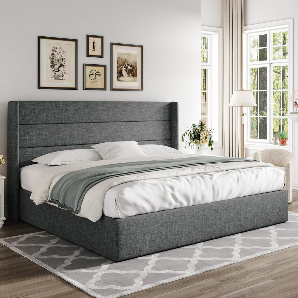 ALLEWIE Queen Size Lift Up Storage Bed with Wingback Headboard