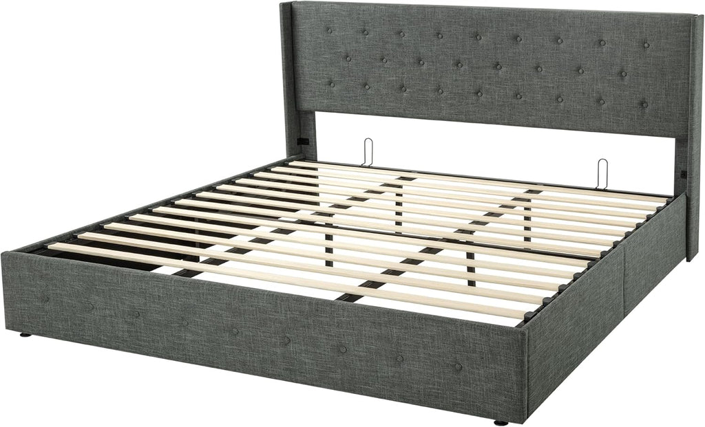 ALLEWIE Queen Size Lift Up Storage Bed with Wingback Headboard