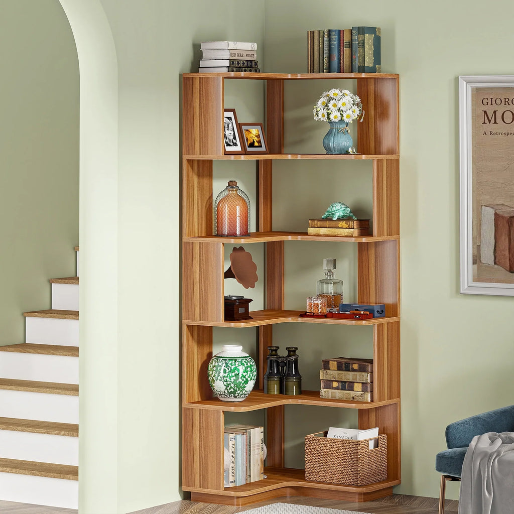 6-Tier Corner Book Shelf, 64.9Tall Freestanding Wood Industrial Bookcase Bookshelf
