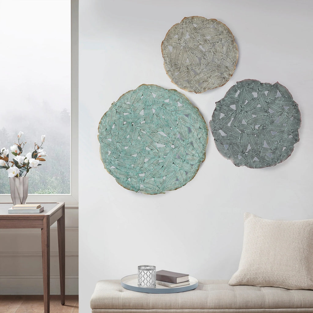 Madison Park Rosalie Textured Feather 3-piece Metal Disc Wall Decor Set